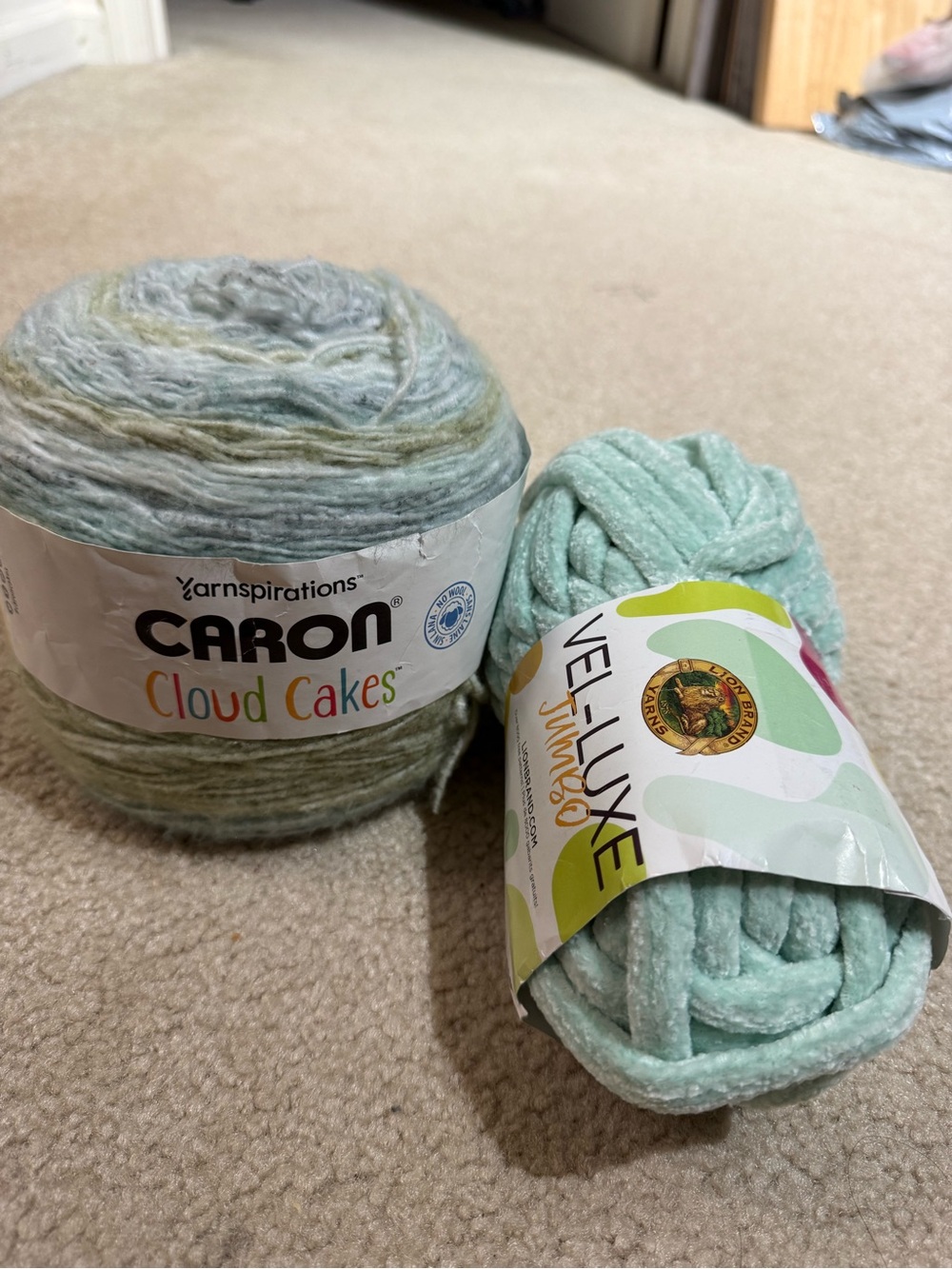 Yarnspirations Caron Cloud Cake  (Peaceful) and Vel-lux Jumbo- Surf Spray Combo